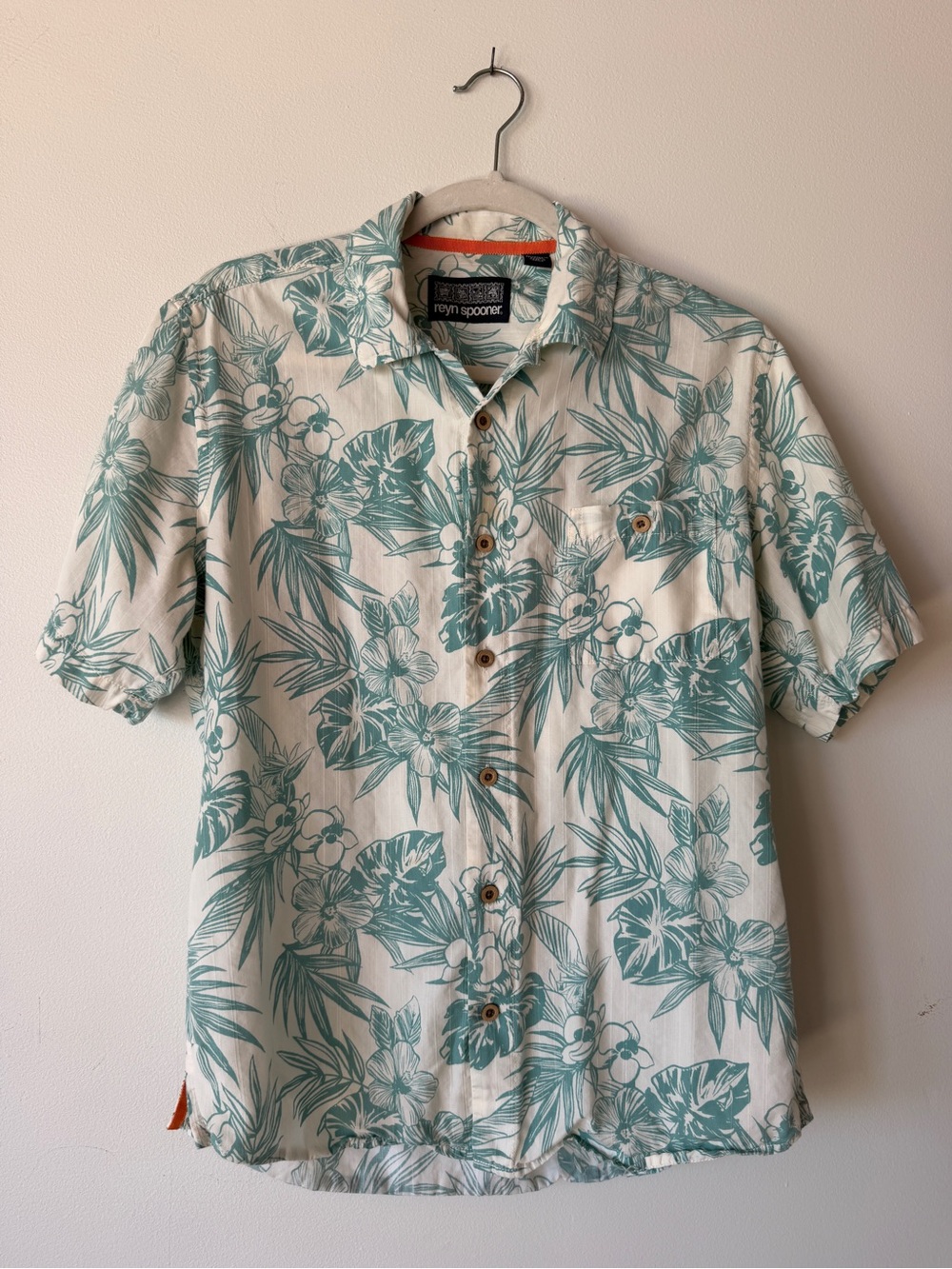 Reyn Spooner Hawaiian Aloha Shirt Men's S Sage Green Cream Hibiscus Monstera